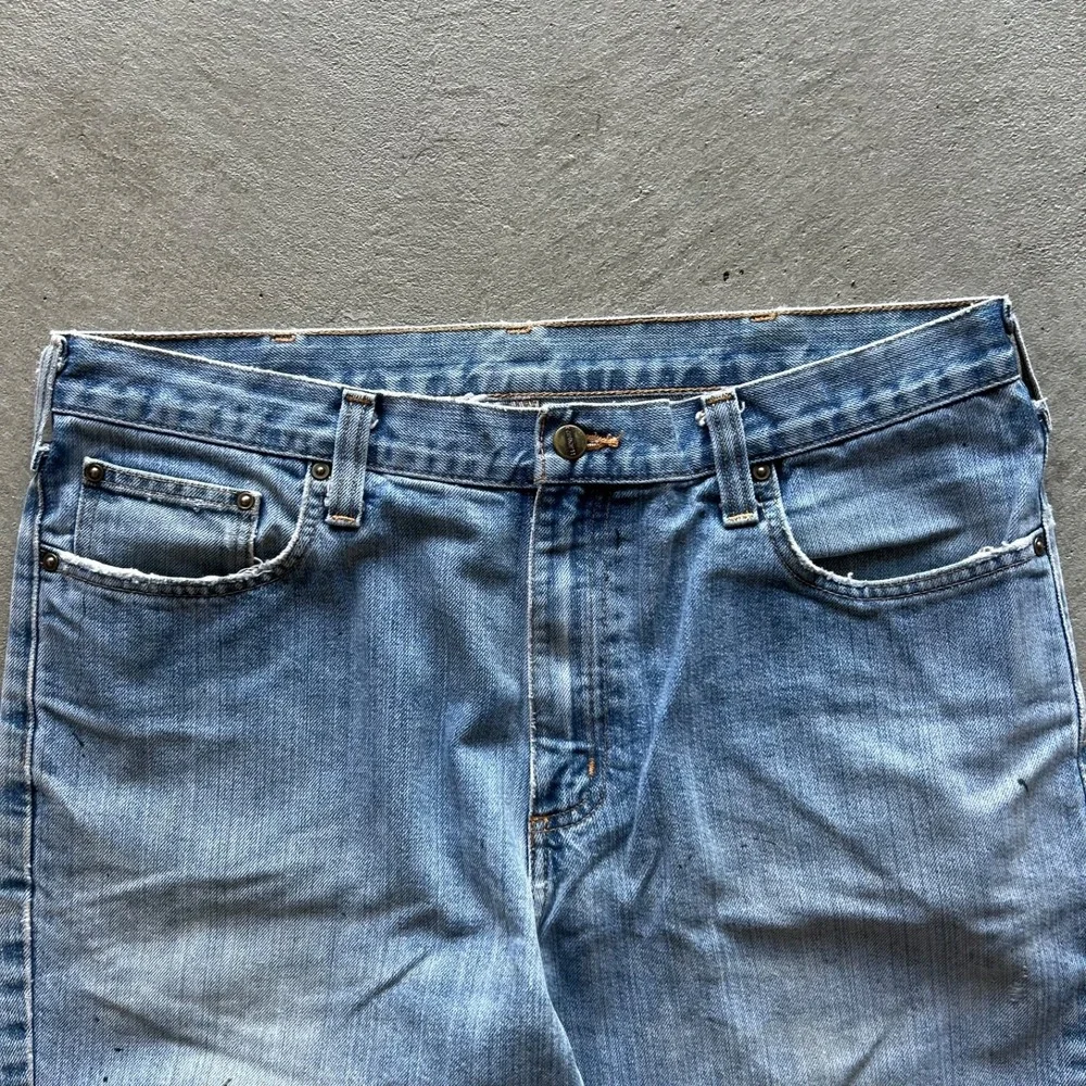 Vintage 90s Carhartt Jeans Size 37x32 Blue Light Wash Denim Straight Leg Worker